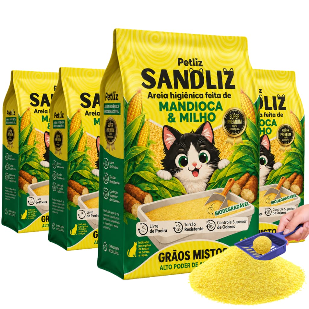 Kit 4 Areia Sanitária Higiênica Natural Premium Grãos Mistos Milho Mandioca Gato Sandliz Petliz 4 kg