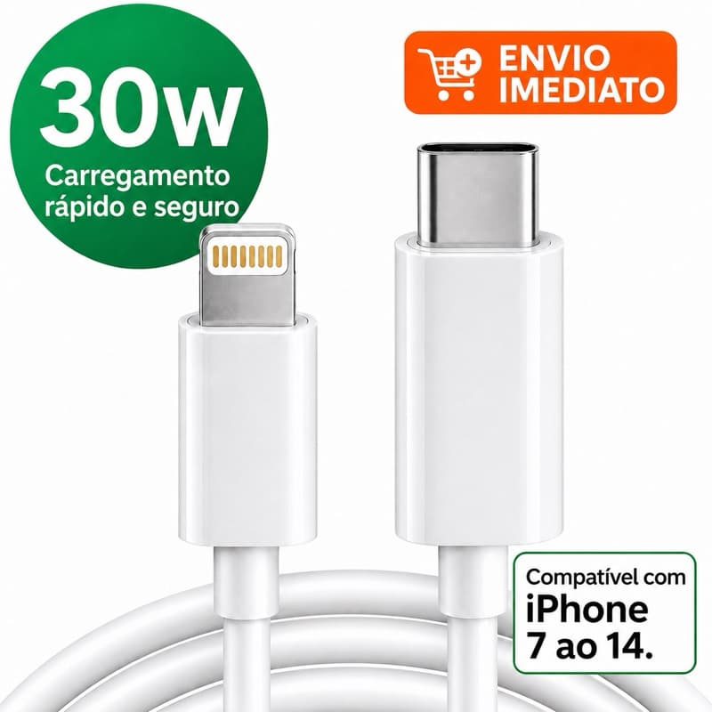 CABO DE IPHONE IOS TIPO C LIGHTNING TURBO 1M CARREGAMENTO RÁPIDO ESTÁVEL E SEGURO 30W