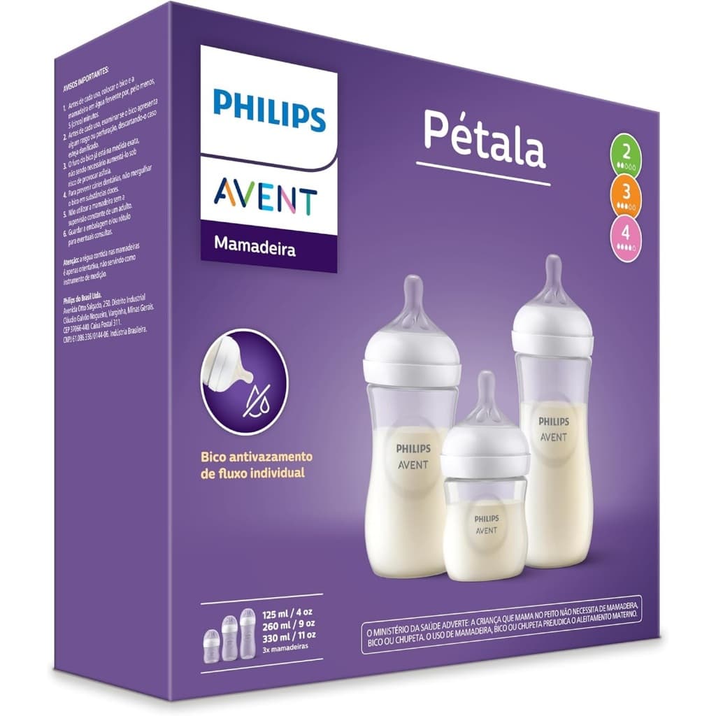 Kit 3un Mamadeira Avent Pétala 125ml-260ml-330ml