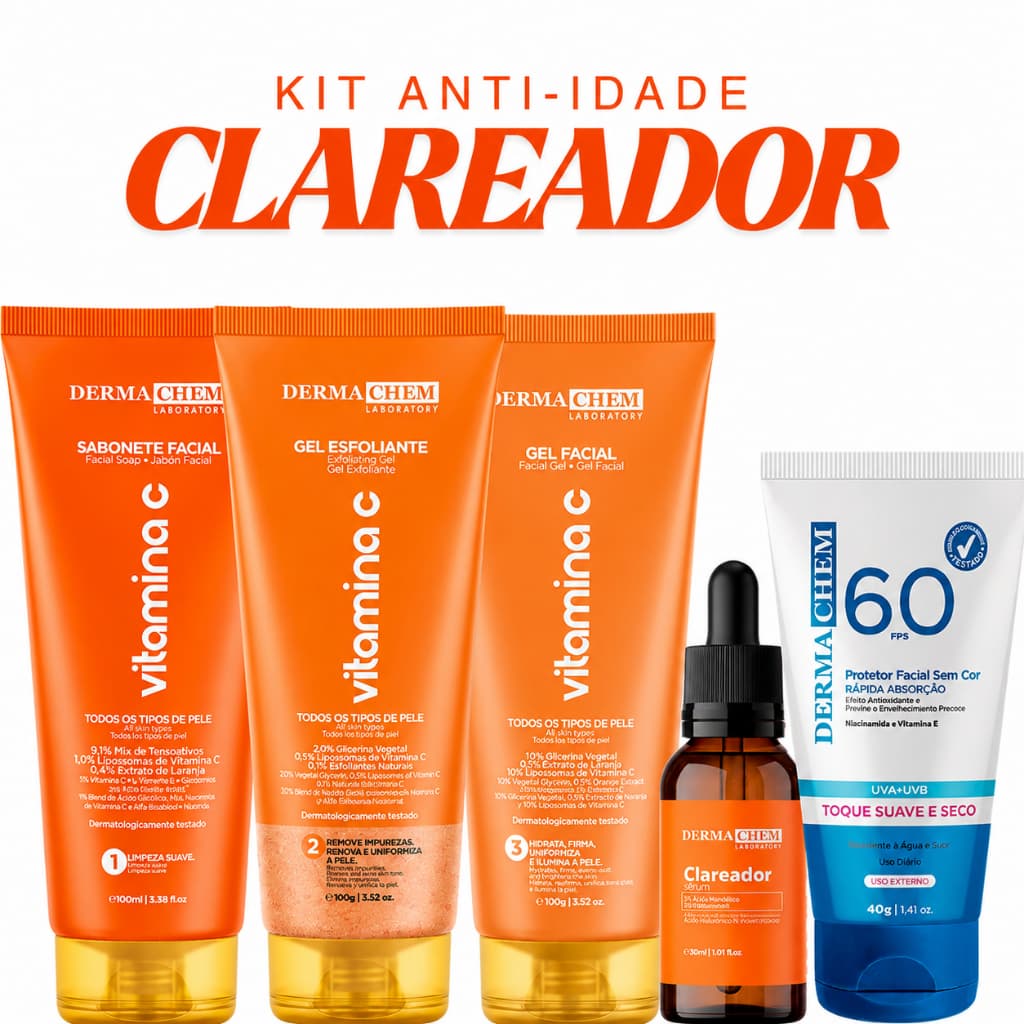 Kit Skin Care Facial Completo Vitamina C Dermachem Clareador Manchas Anti Idade com Protetor Solar