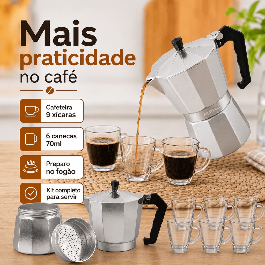 Kit Café Moka 9 Xícaras Cafeteira Italiana Alumínio + 6 Canecas Vidro 70ml Transparente Expresso