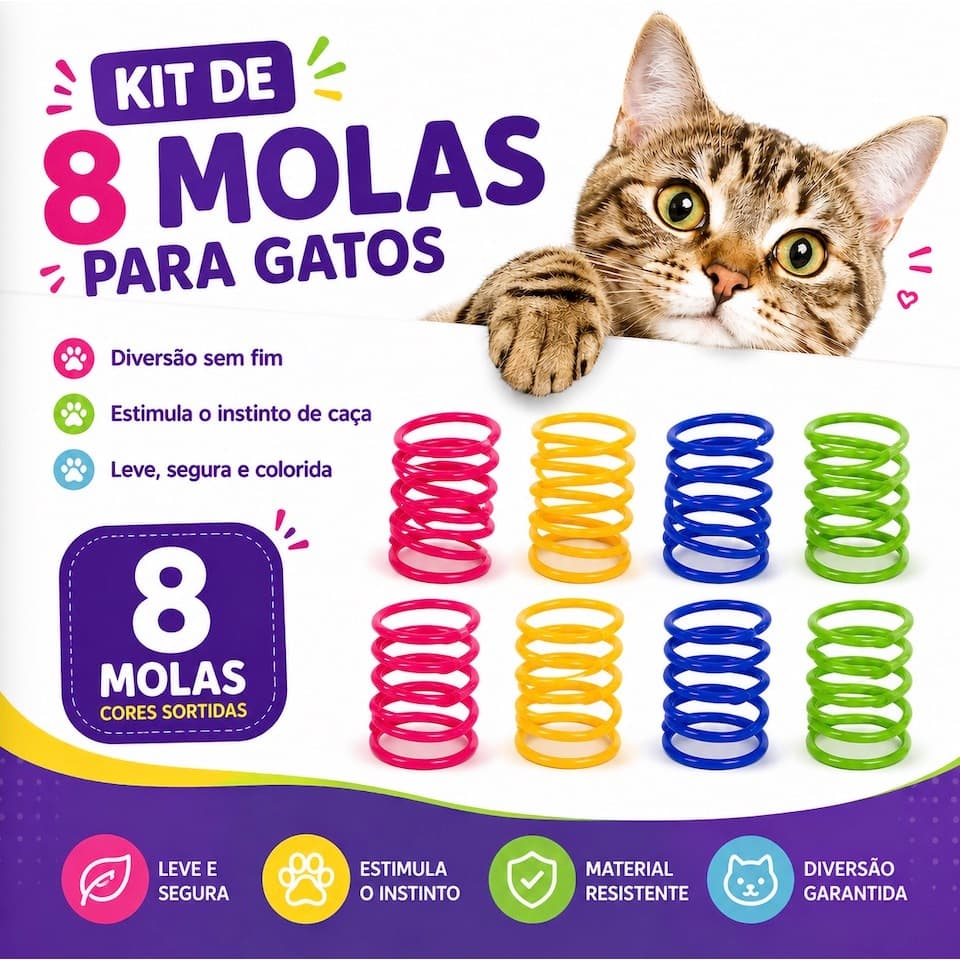 Kit 8 Molinhas Para Gatos Molas Divertidas e Coloridas Brinquedo Pets Animais Cores Sortidas