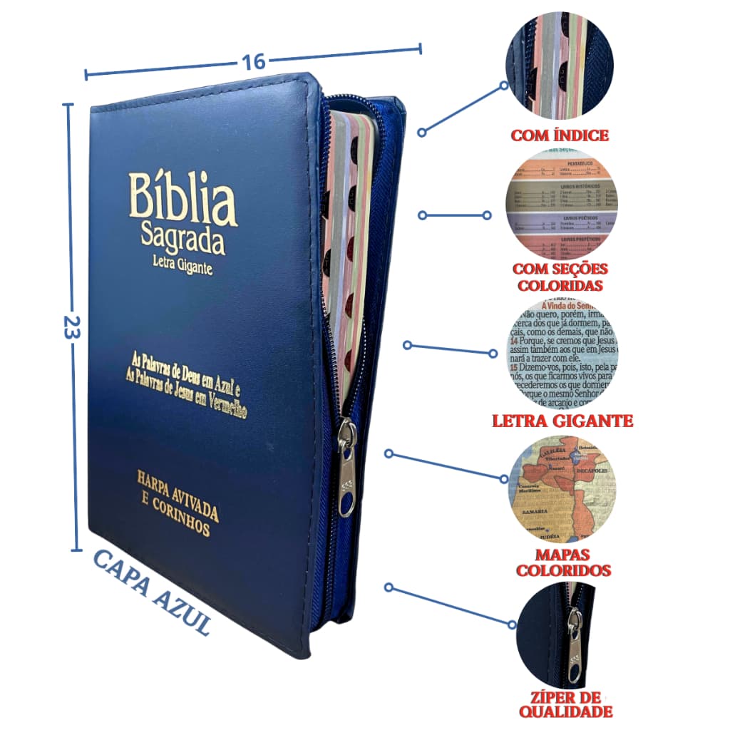 Bíblia Sagrada Gigante ARC Almeida Corrigida Harpa Cristã PJV zíper Índice Azul Palavras em Vermelho