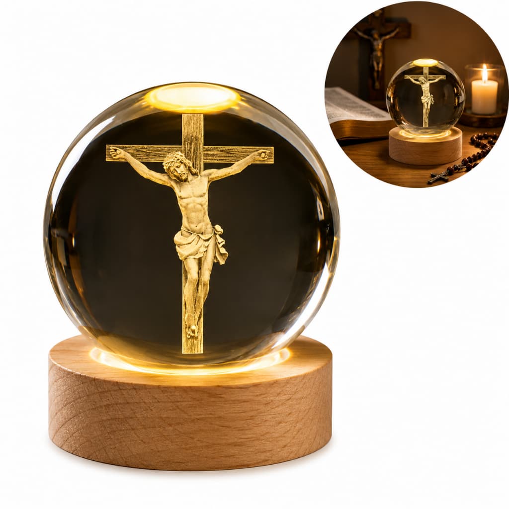 Luminária Bola de Cristal Led Mesa Globo Vidro 3d Madeira Decoração Abajur Presente Enfeite Jesus