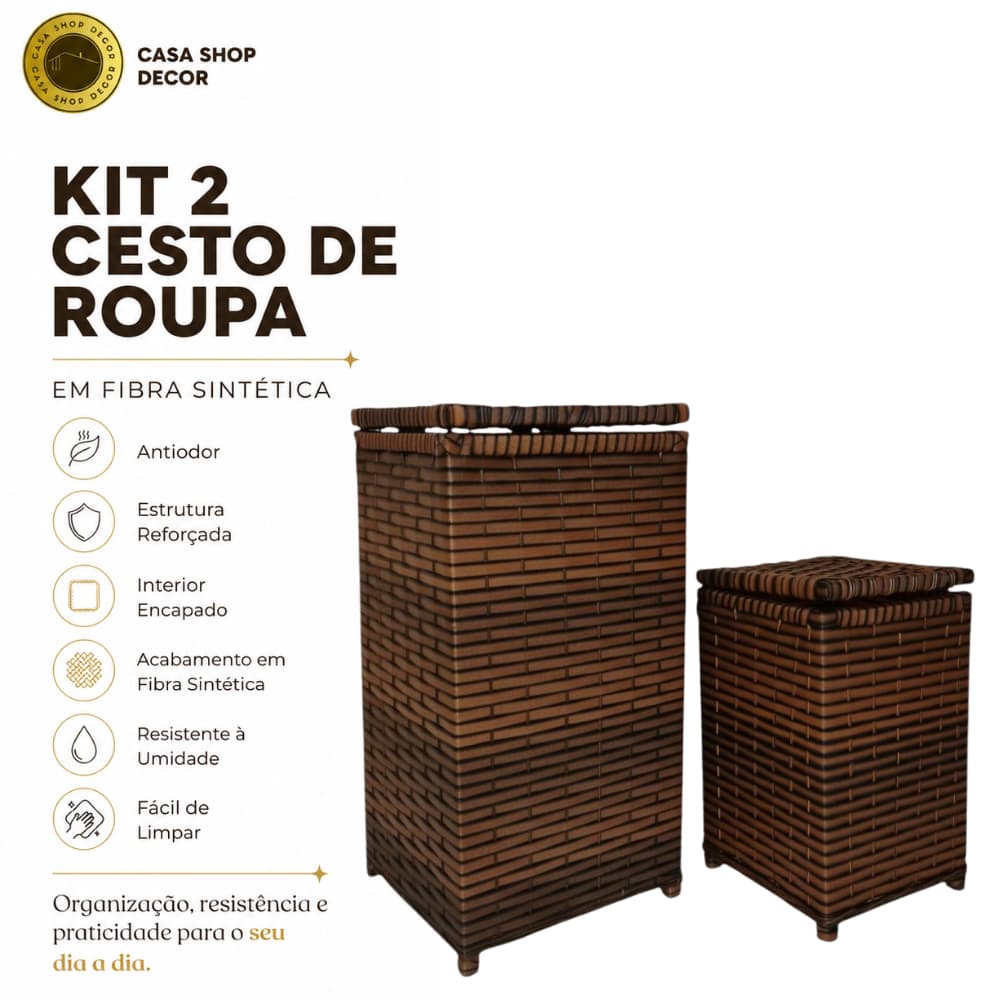 Kit 2 Cestos De Roupa Suja Com Tampa Roupeiro Organizador Banheiro Closet Lavanderia Fibra Sintética Artesanal Grande