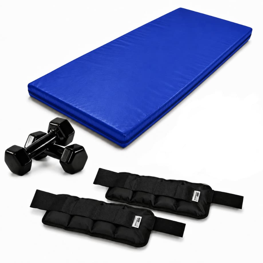 Kit Fitness Treino em Casa Colchonete Academia 90x40x3+ Par de Halteres Sextavado Emborrachado 1kg+ Par de Caneleira 1kg
