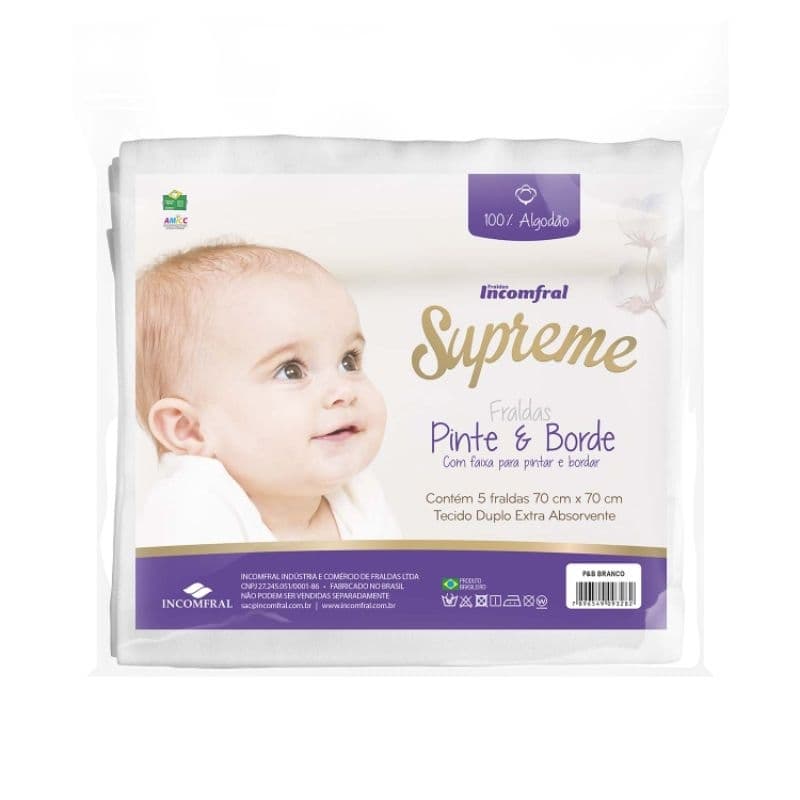 kit 5 Fralda Supreme branca 70x70 menina menino Recém nascido maternidade enxoval neném presente RN berço chá revelação