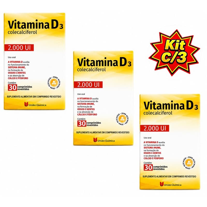 Kit c/2 ou c/3 Vitamina D 2.000UI C/30 comprimidos Uniao Química - Suplemento Vitamínico e Alimentar