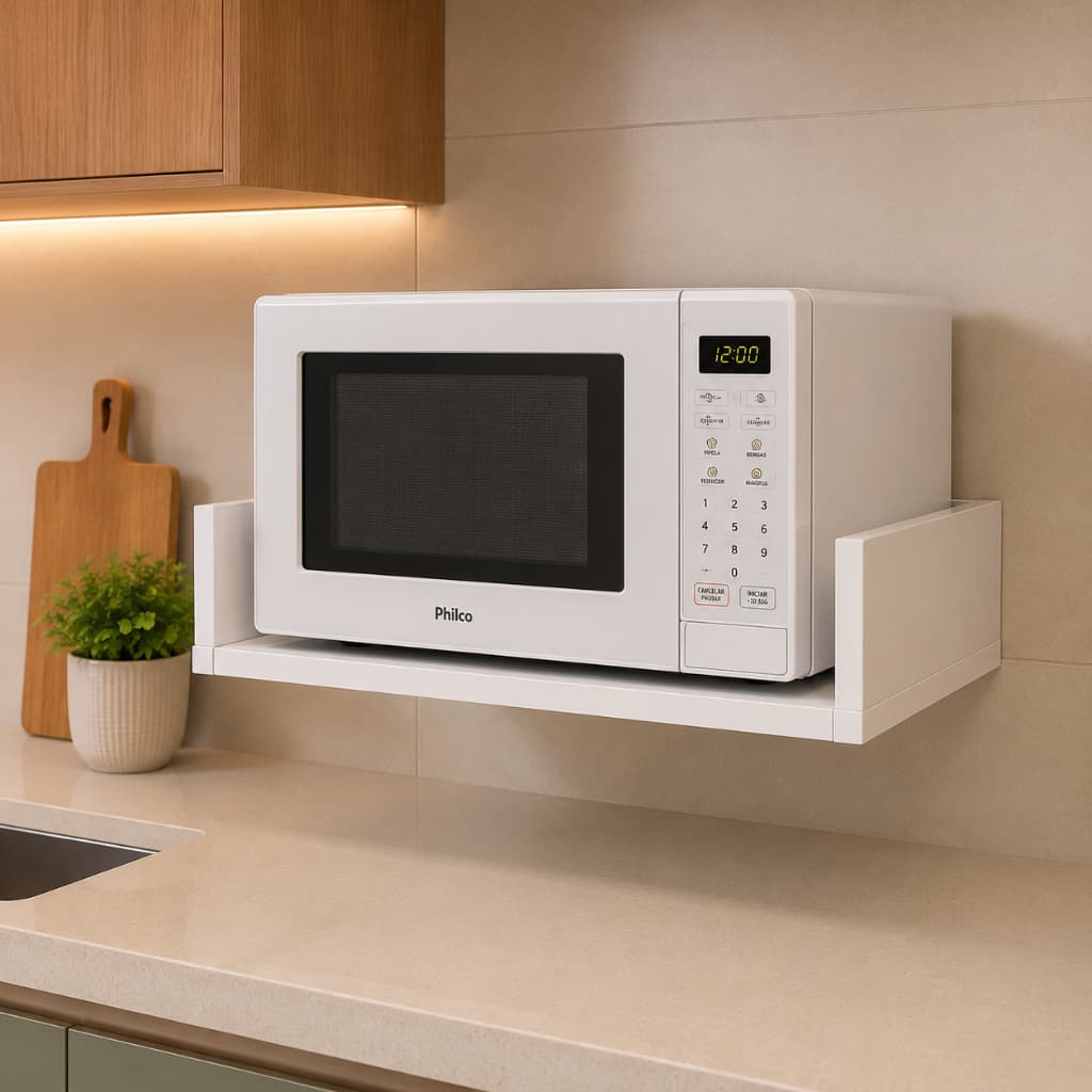 Suporte Micro-ondas MDF Branco Prateleira Parede Cozinha Organizador Moderno Reforçado Top