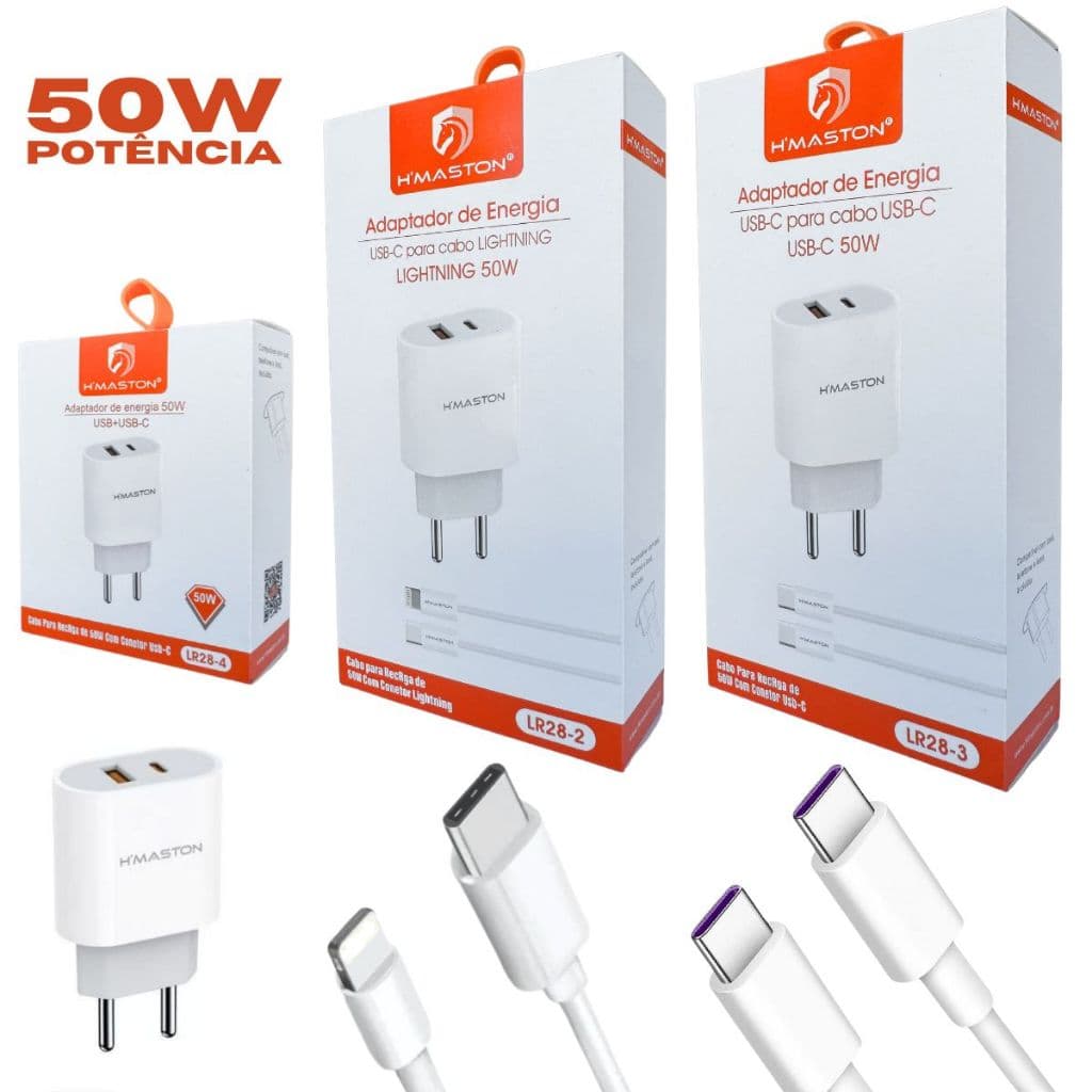 Carregador Turbo 50W Original USB + USB-C Rápido iPhone Android + Fonte Rápida Bivolt LR28