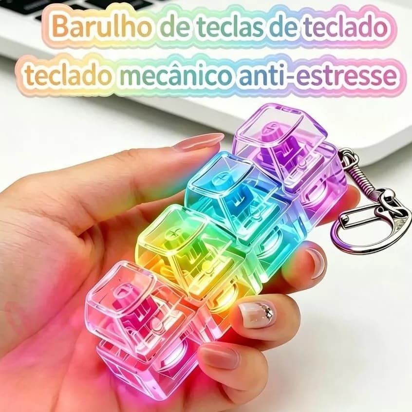 Chaveiro Anti-Stress Teclado Mecânico 4 Teclas Com Clique Sonoro – Alívio da Ansiedade e Relaxamento Diário