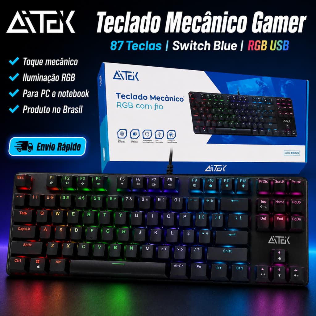 Teclado Mecânico Gamer AITEK 87 Teclas Switch Blue RGB USB