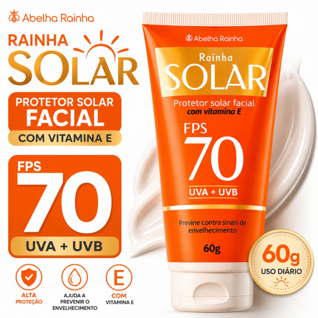 Protetor Solar Facial FPS 70 Abelha Rainha 60g Com Vitamina E Proteção UVA UVB Uso Diário Pele