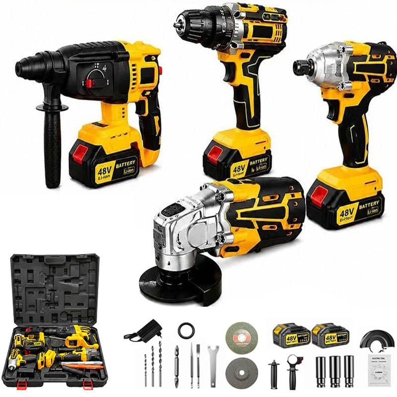 Kit Ferramentas 4 em 1 48V Ultra Potência Completo Furadeira Esmerilhadeira Parafusadeira Maleta Bateria Dupla
