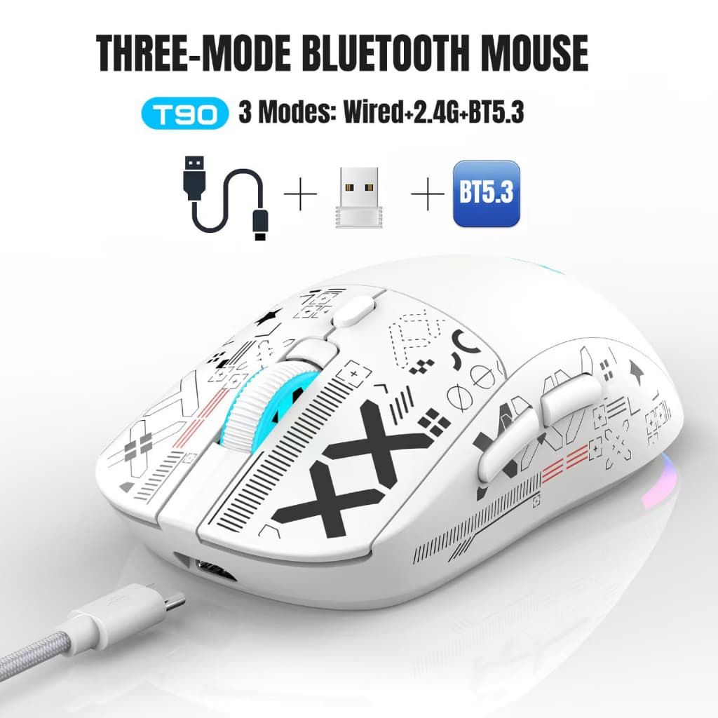 Mouse Sem Fio Bluetooth RGB Recarregável T90 2.4G USB 3600 DPI Silencioso Ergonômico