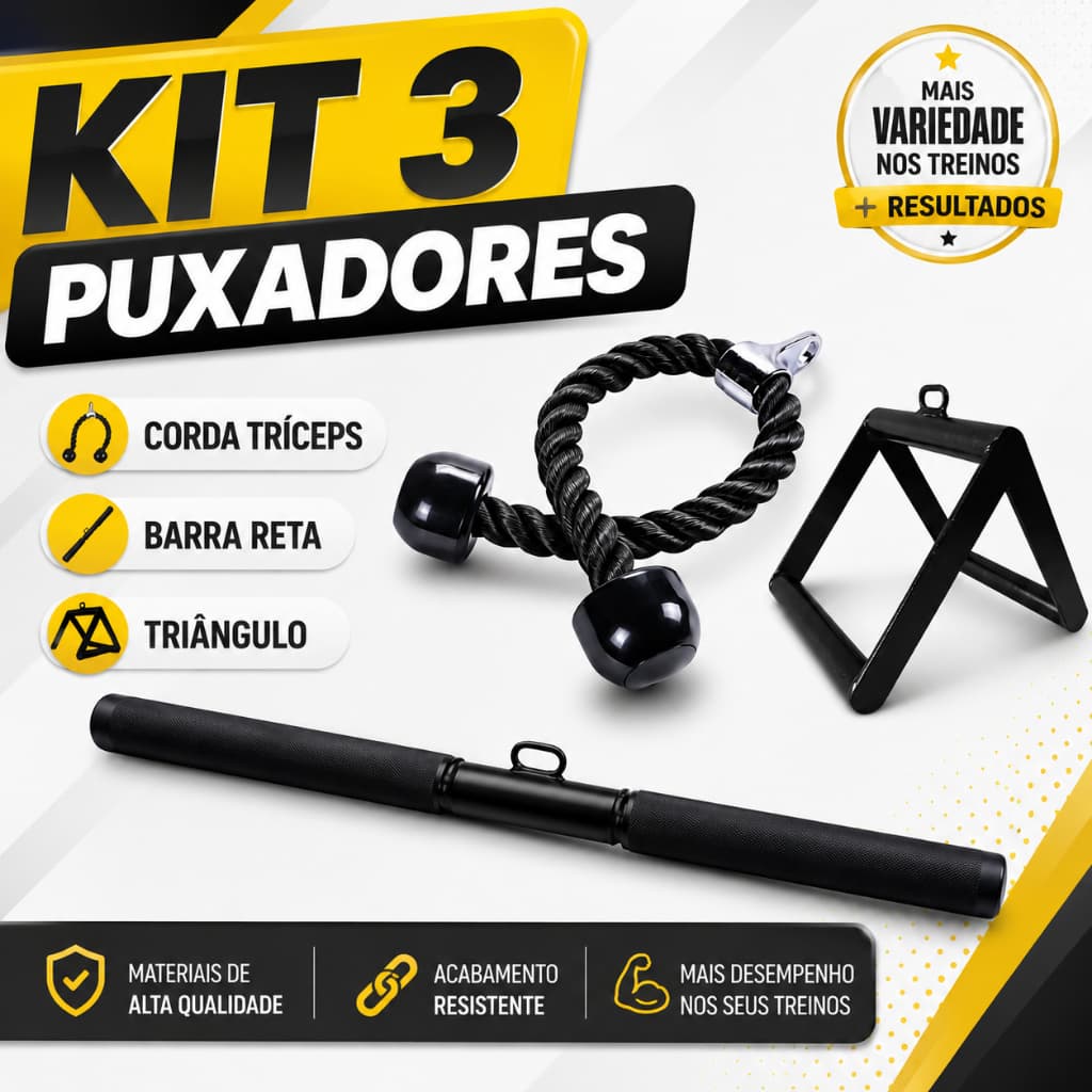 Kit 3 Puxadores Corda Tríceps Triângulo Remada Barra Reta Academia Musculação Fitness Treino Gym