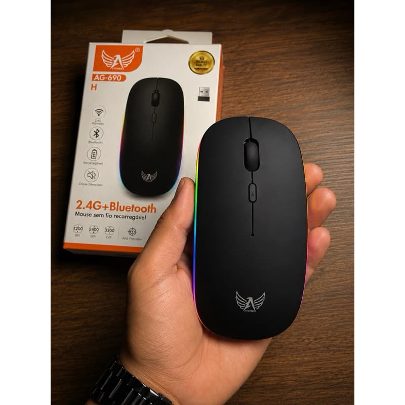 Mouse Sem Fio Bluetooth Recarregável AG-690H 2.4G USB Silencioso RGB 3200DPI Notebook PC Celular