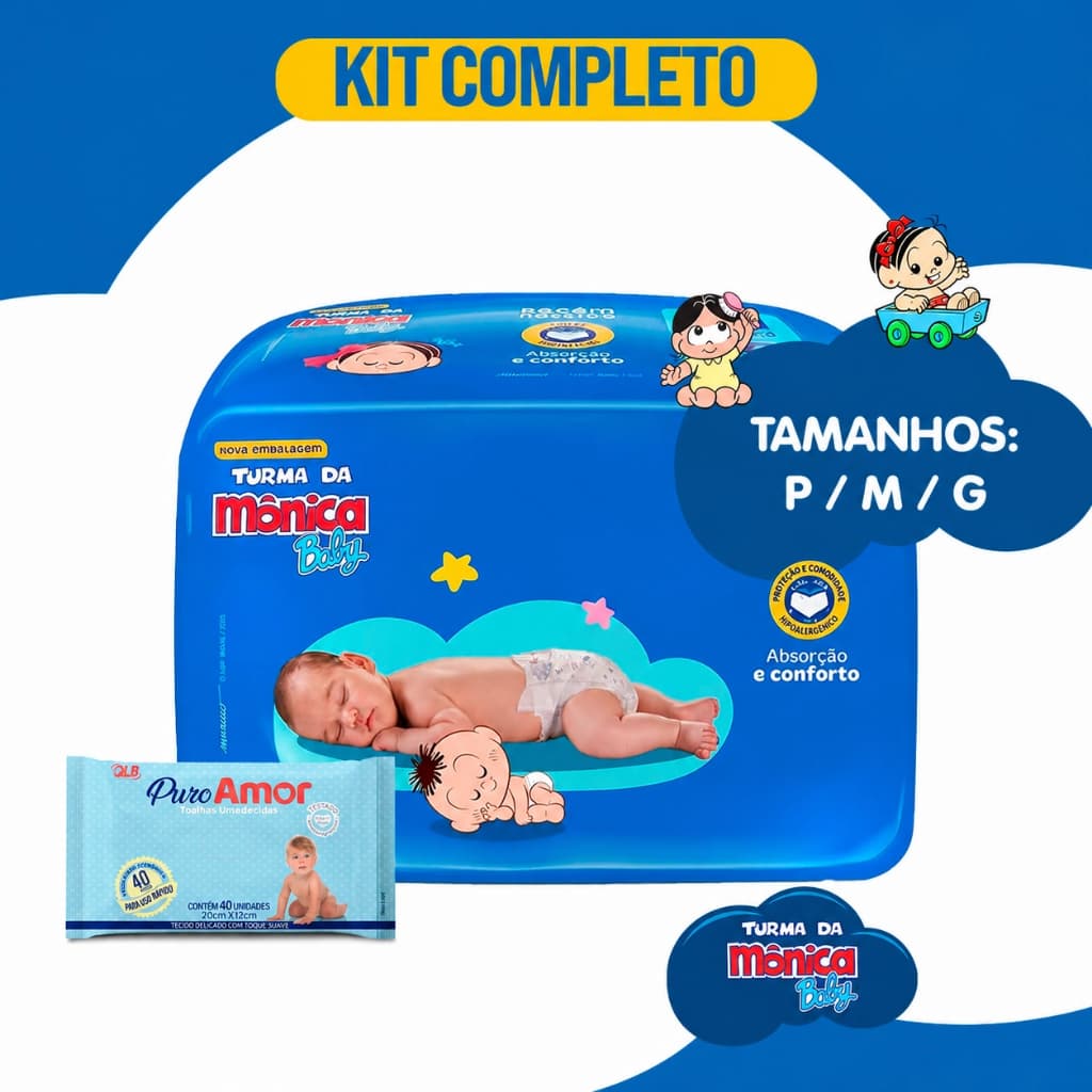 Kit Fralda Descartavel Turma da Monica + Lenço Umedecido Infantil