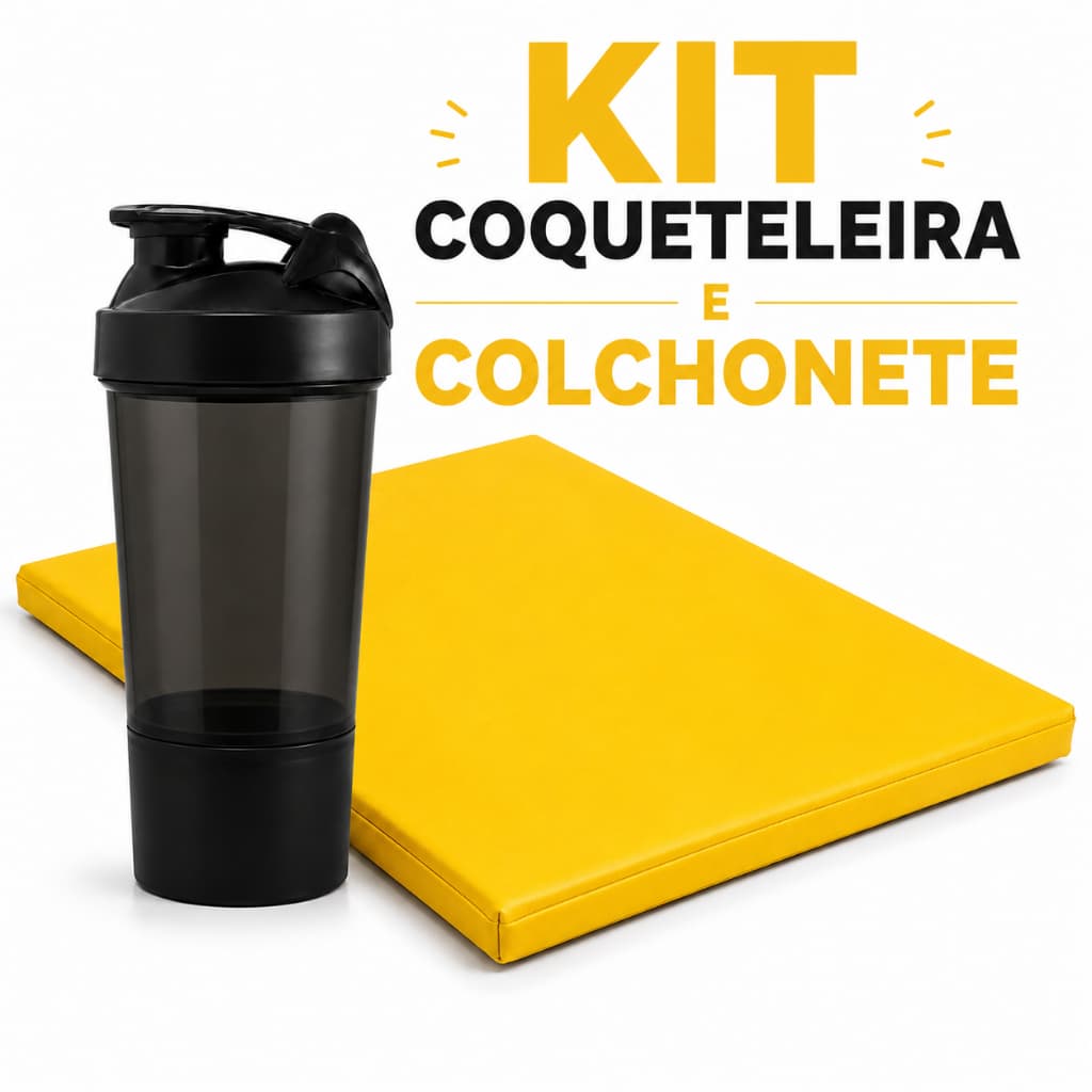 Kit Musculação Colchonete Fitness Amarelo + Coqueteleira Preta Para Whey 600ml Treino Musculação
