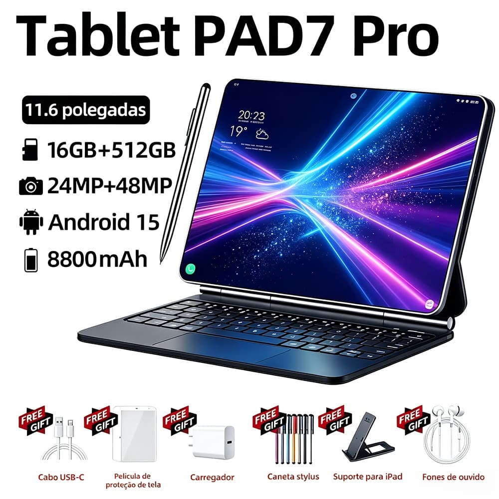 Tablet PAD7 Pro 11.6” com Teclado+Mouse 16GB RAM 512GB Android Câmera 48MP 8800mAh Android 15