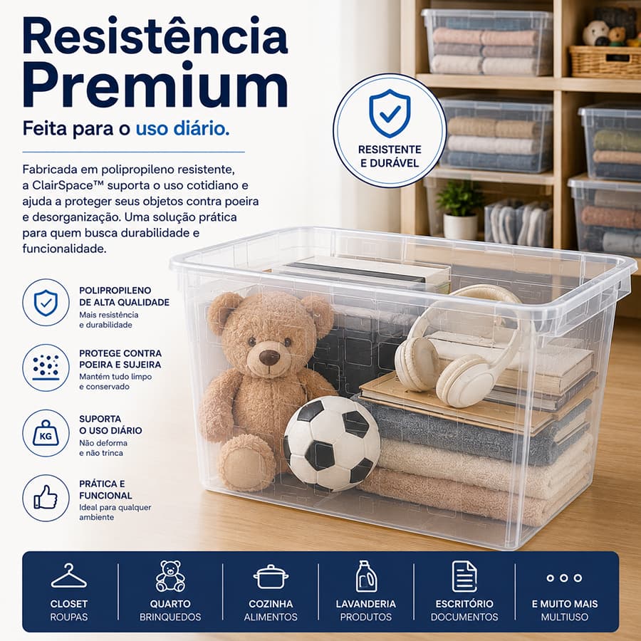 Caixa Organizadora Transparente 21 Litros Multiuso Plástico Resistente Organizador Armário Closet Cozinha Lavanderia Cla