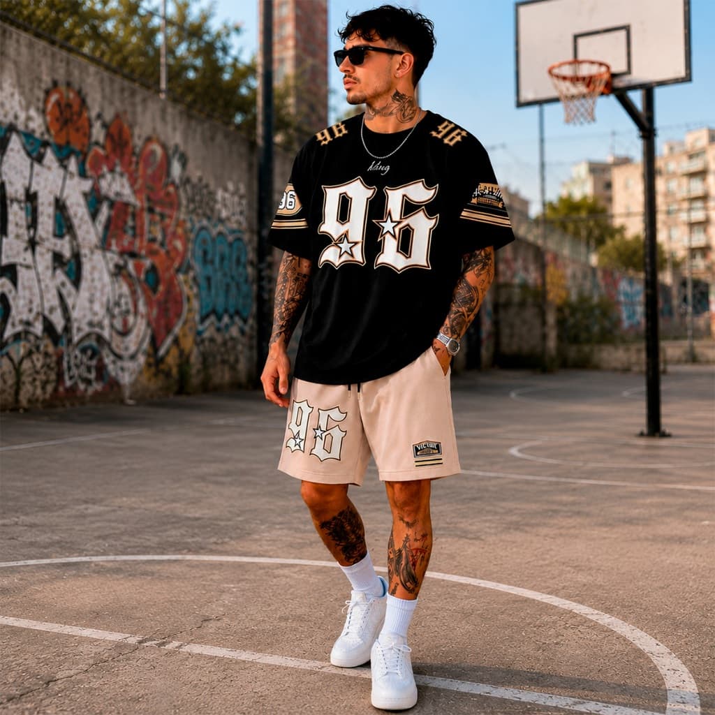 Conjunto Camiseta Algodão E Bermuda Moletom Streetwar Camisa 96 King Estrela Dourada