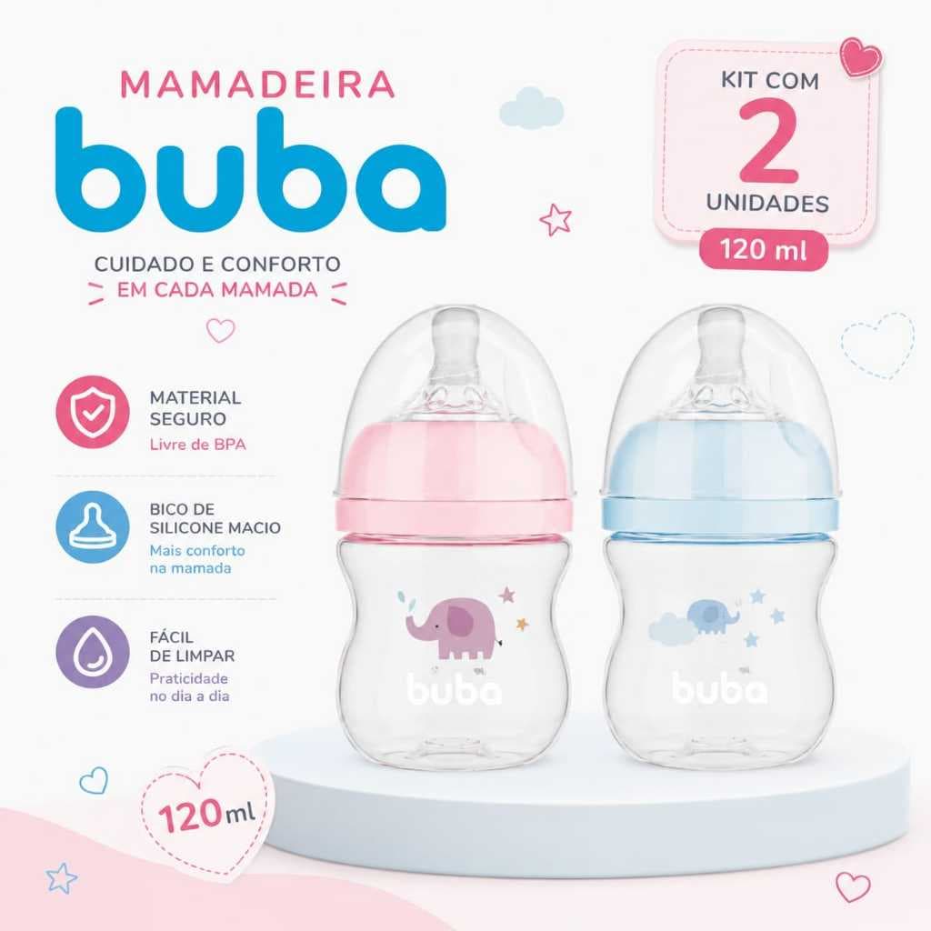 Kit Com 2 Mamadeiras Bebes Buba Com Bico Silicone Easy Flow Nuvem 120 Ml Anticólica Mamadeiras Para Bebes