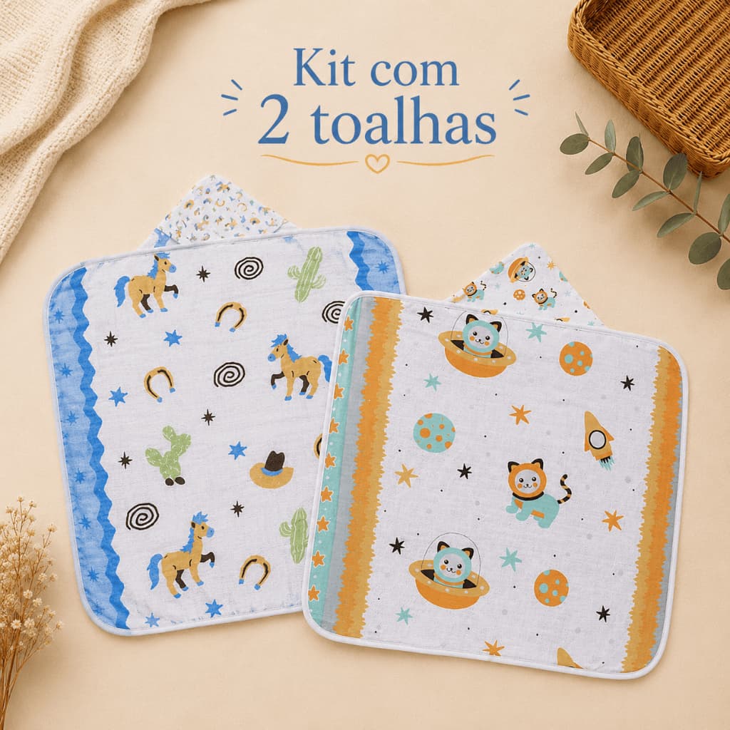 Kit 2 Toalhas de Banho Bebê Recém-Nascido Baby Nice 85x85cm com Capuz 2 Camadas Fralda Soft Estampadas