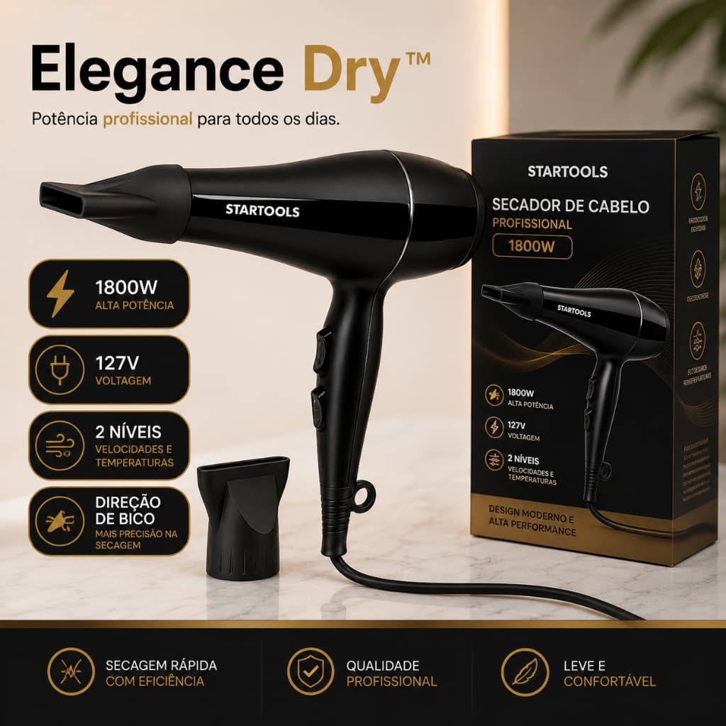 Secador de Cabelo Profissional 1800W 127V Leve 400g Secagem Rápida 2 Velocidades Bico Direcionador