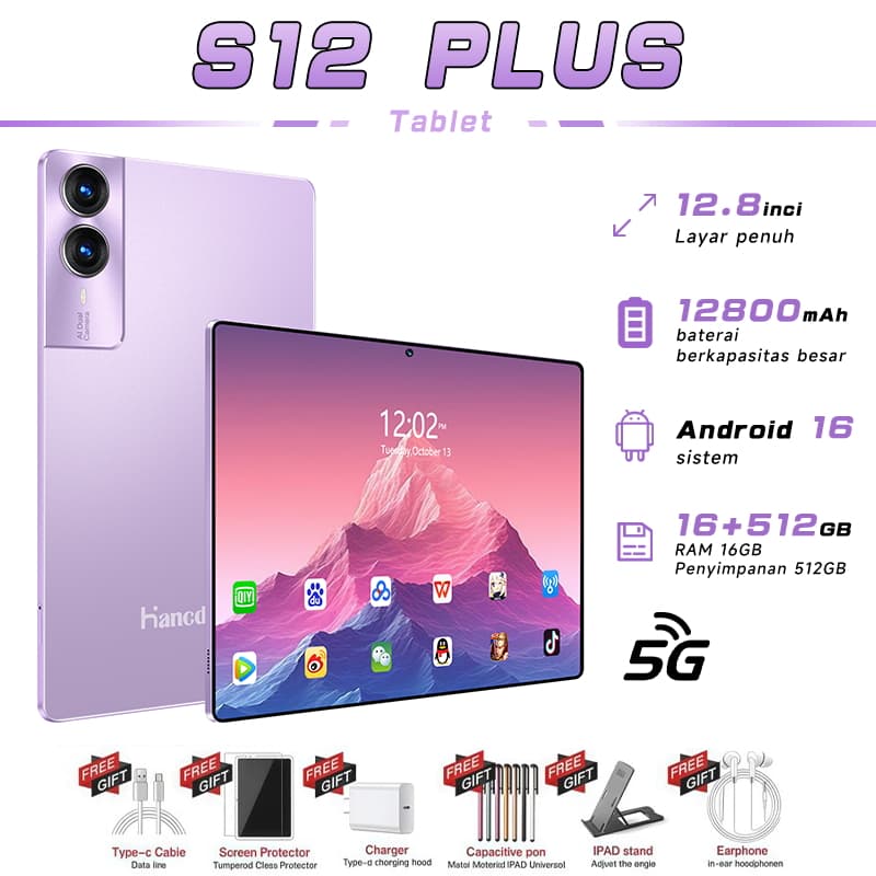 【OFERTA LIMITADA】Galaxy Tablet S12 Plus 12.8" 16GB+512GB Android 16 5G |  Bateria 12800mAh | Câmera 48MP + 24MP Frontal