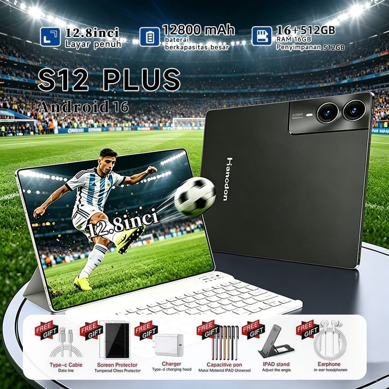 Tablet S12 Plus 12.8" 2K FHD+ 16GB RAM + 512GB ROM Android 16 | Bateria 12800mAh | 4 Speakers |Trabalho e Entretenimento