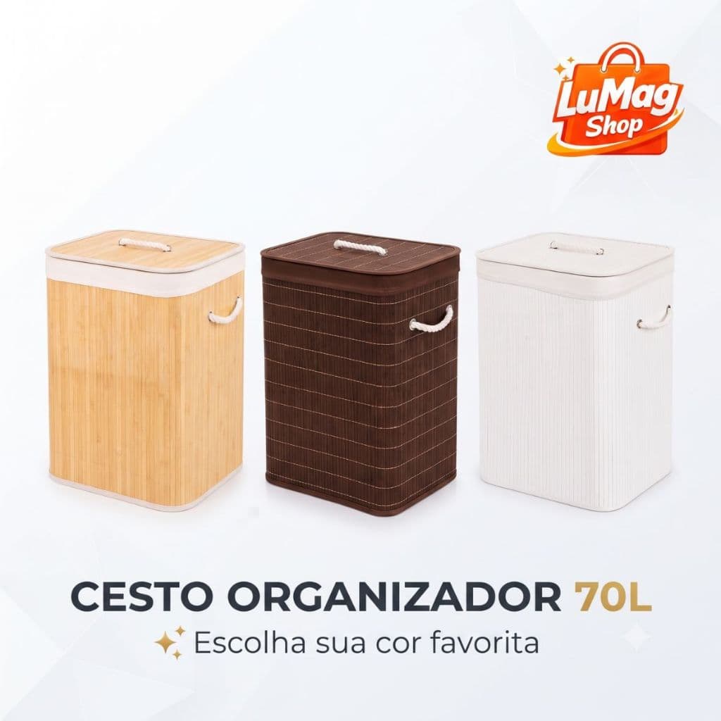 Cesto Organizador de Bambu 70L Tampa e Alças Cesto para Roupas Lavanderia Banheiro Closet 3 Cores