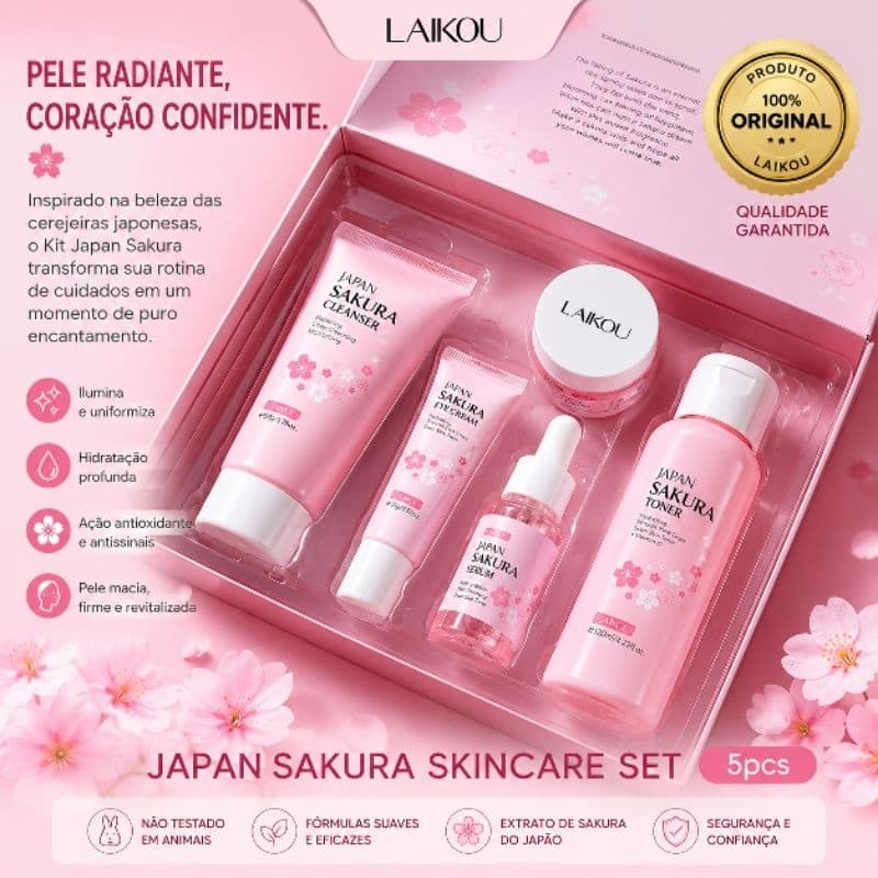 Kit Skinkare 5 Peças Laikou Sakura Clareador de Manchas Anti-idade  Anti-rugas Hidratação Profunda.