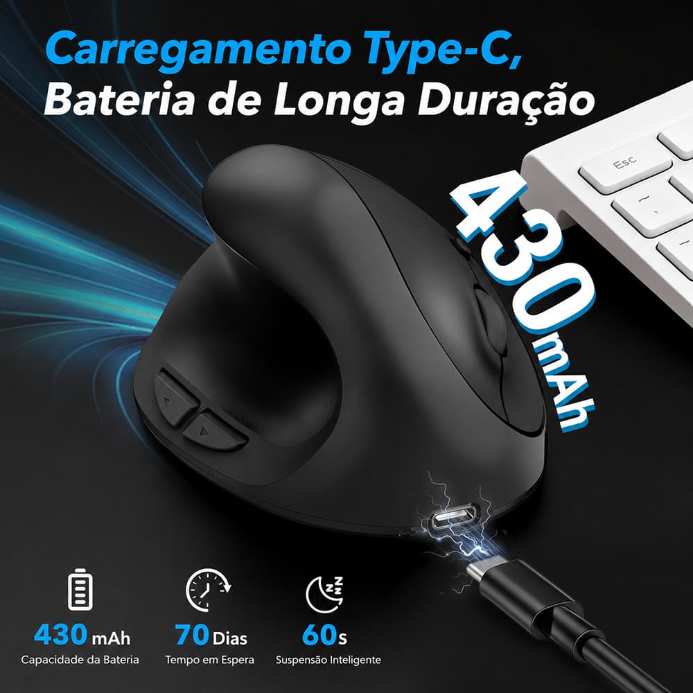 Mouse Vertical Sem Fio Bluetooth 2.4G, com 6 botões, design ergonômico e recarregável