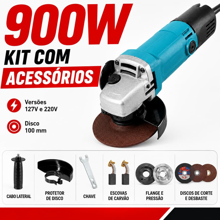 Esmerilhadeira Angular 900W 11000 RPM Disco 100 mm para Corte Desbaste e Polimento 127V ou 220V