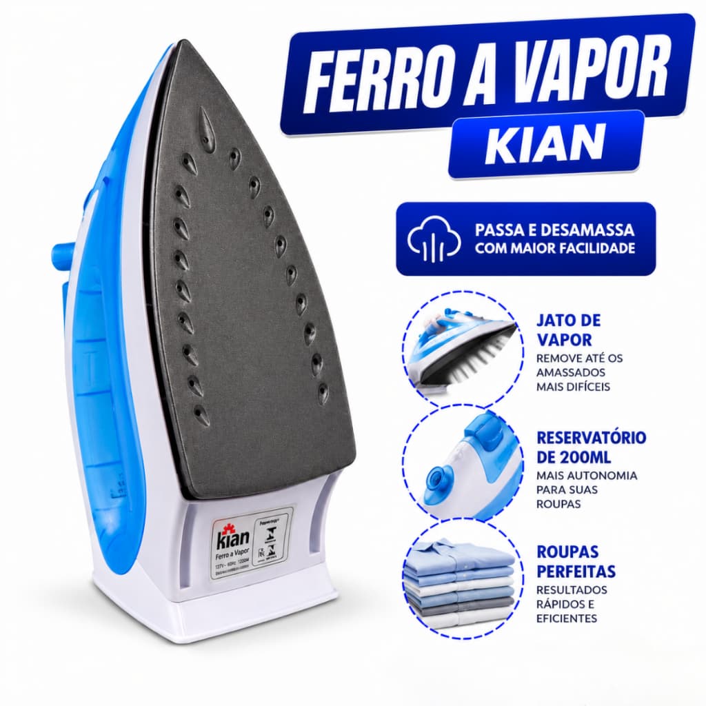 Ferro de Passar a Vapor Kian Base Antiaderente 1200W 200ml 8 Temperaturas Vapor Contínuo