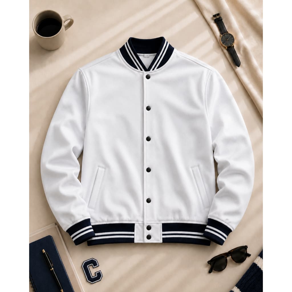 Jaqueta Blusa College Masculina Preta e Branca Inverno Frio CasacoBomber Lisa Botões pressão Estilo Americana Poliéster