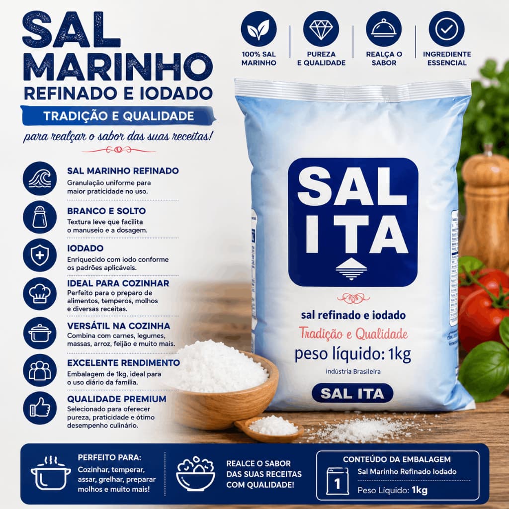 Sal Marinho Refinado Iodado 1kg Branco Solto Granulado Ideal Para Cozinhar Temperos Preparo De Alimentos