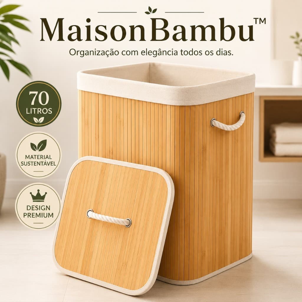 Cesto Organizador Bambu 70L com Tampa Alças Reforçadas Dobrável MaisonBambu™ para Roupas Lavanderia Banheiro