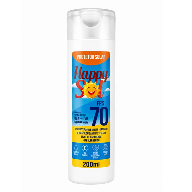 Protetor Solar Happy Sol FPS 70 com Vitamina E Resistente a Agua e Suor 200ml Facial e Corporal