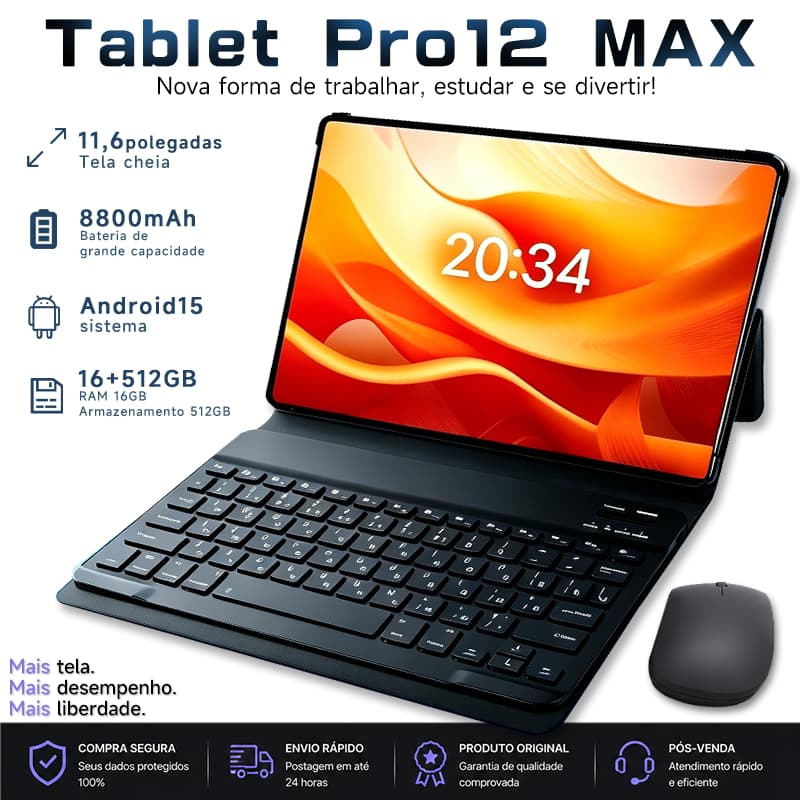 With Free Keyboard and Mouse | Tablet Pro12: 16GB RAM, 512GB | Android 15 | 11.6" HD screen | 5G | 8800mAh battery