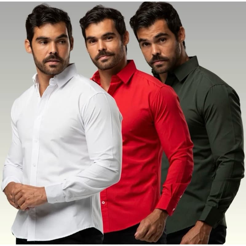 Camisa Social Masculina Manga Longa de Botão Lisa Slim Fit Blusa Gola Polo