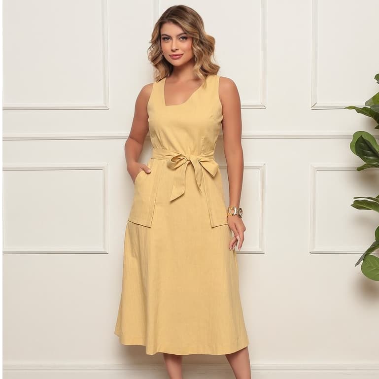 ONLYONE - VESTIDO FEMININO MIDI ELEGANTE REGATA COM BOLSO E FAIXA FEITO EM LINHO COM ELASTANO - VESTIDOS FEMININOS