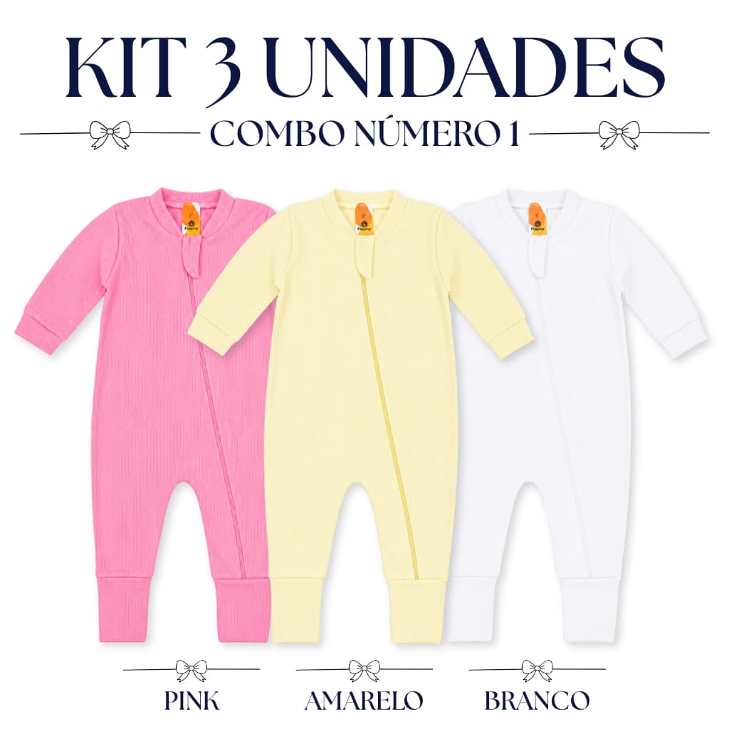 Kit 3 Macacão Bebê Longo Vira Pé Zíper Diagonal Algodão Poliéster Menina Enxoval Maternidade Presente Canelado