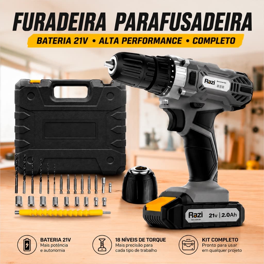 Furadeira e Parafusadeira Portátil Razi 60Hzv Furadeira Com Brocas 21v Parafusadeira Profissional