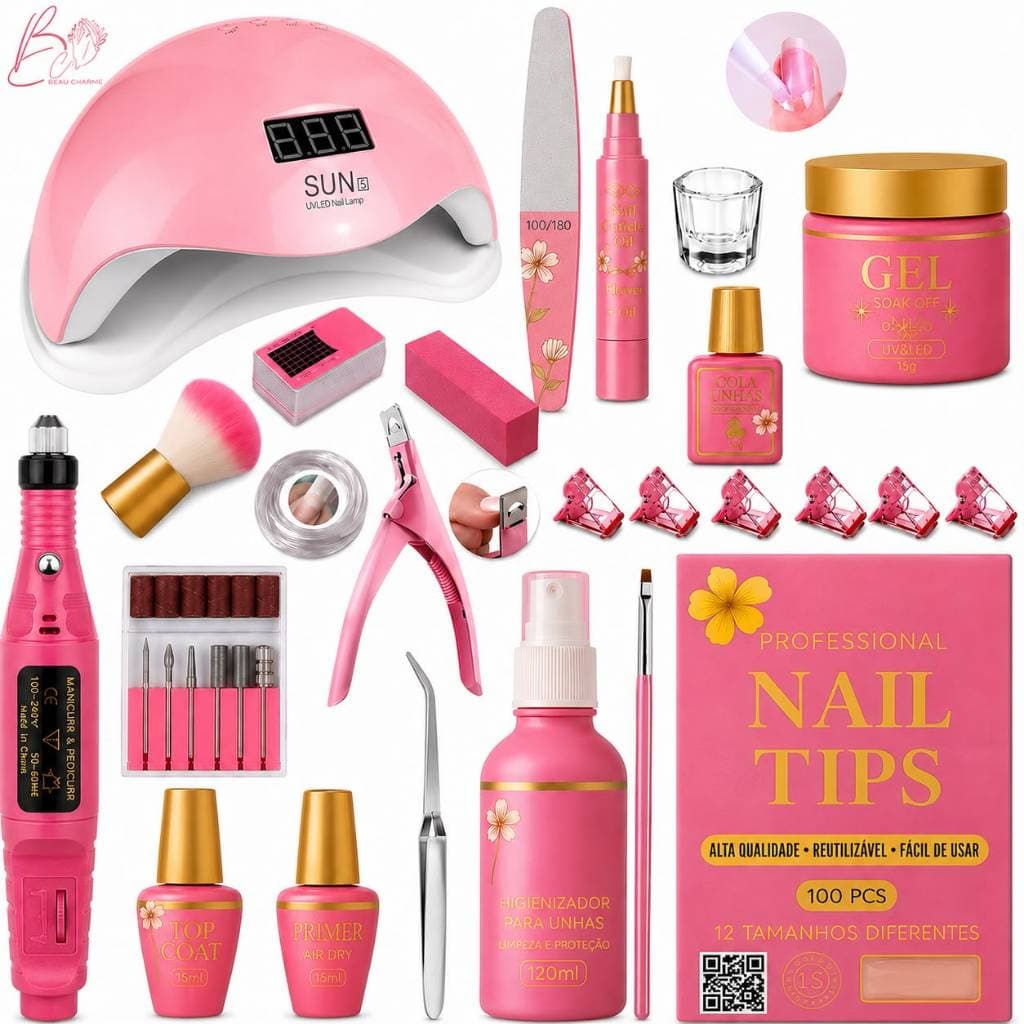 kit Unha de Gel Completo Manicure Alongamento de Unhas Profissional Cabine Led UV Lixadeira Caneta Elétrica Bivolt