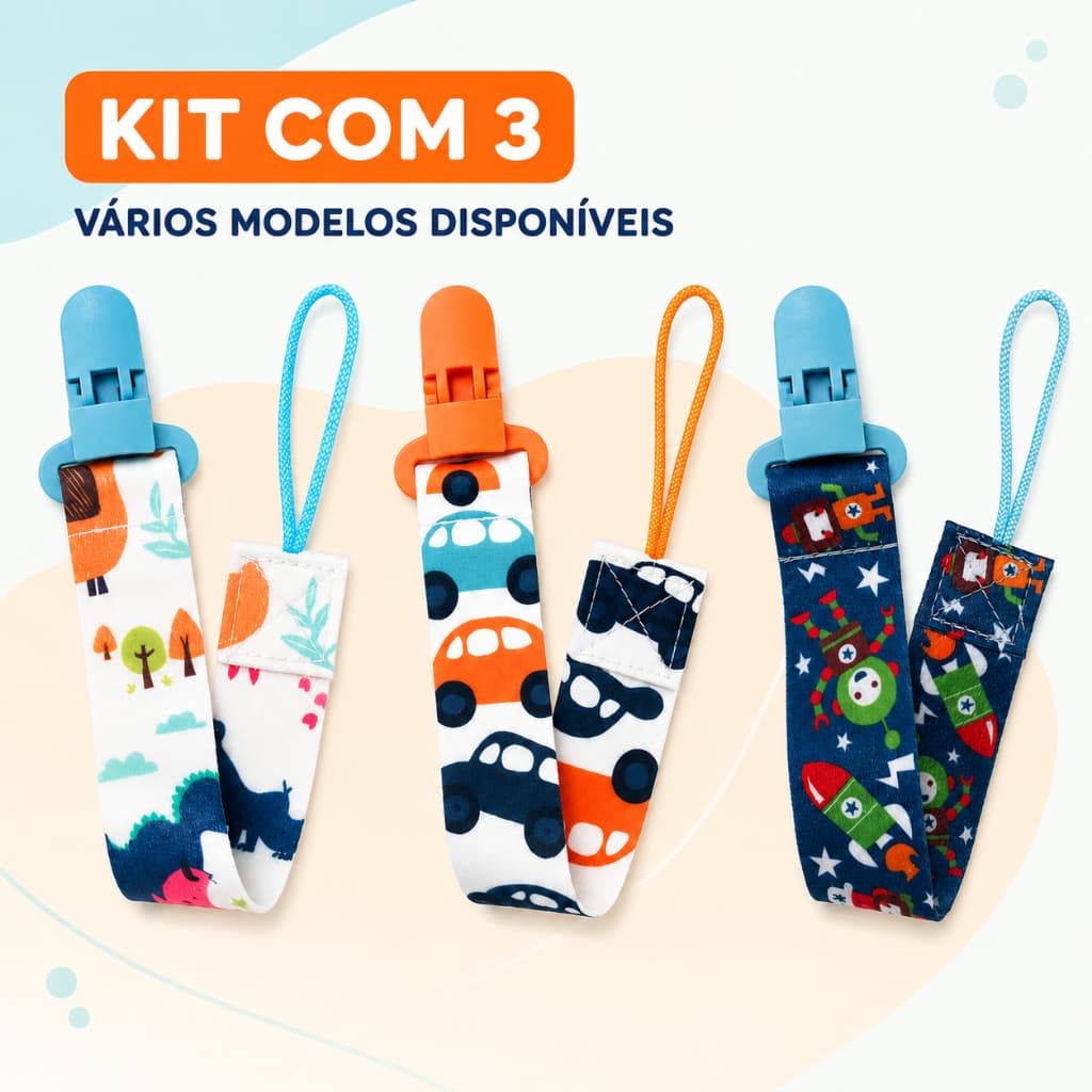 Kit Com 3 Cordinhas Prendedor De Chupeta Bebê Menino Tecido Lavável Resistente Universal