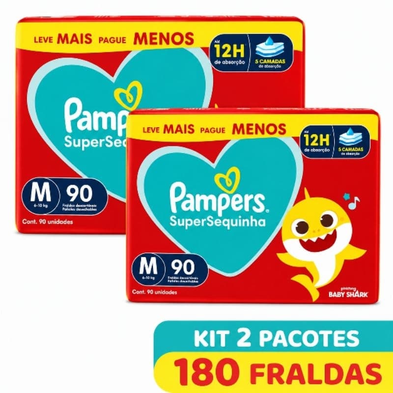 Kit 2 Pacotes Fraldas Pampers Super Sequinha M – 180 Unidades | Alta Absorção e Conforto para o Bebê