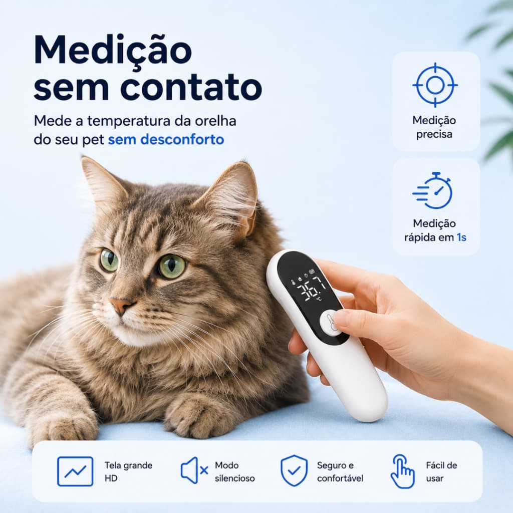 Termômetro Digital Auricular Veterinário para Cães e Gatos Recarregável USB Tipo-C Monitor de Temperatura para Pets