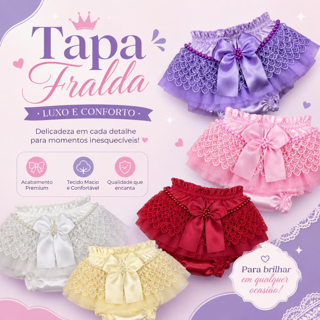 Tapa Fralda Bailarina Cetim 100% Poliester Bebê Verão Conforto com Babado com Laço Tapa Fralda Calcinha Baby